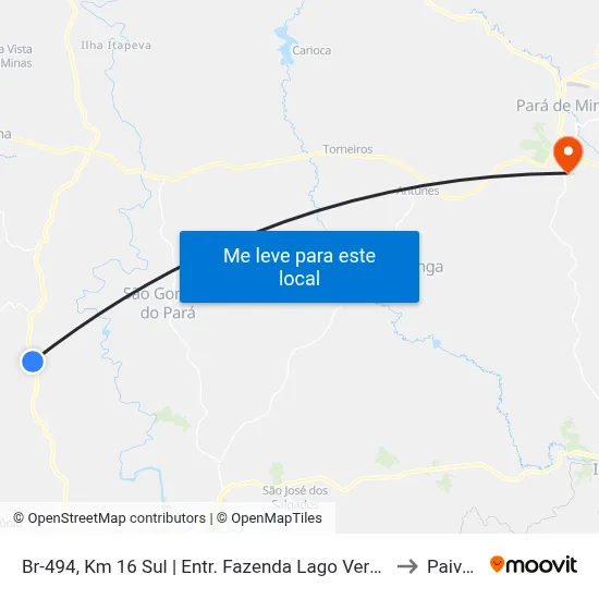 Br-494, Km 16 Sul | Entr. Fazenda Lago Verde to Paivas map
