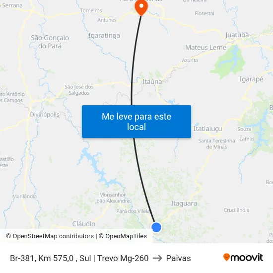 Br-381, Km 575,0 , Sul | Trevo Mg-260 to Paivas map