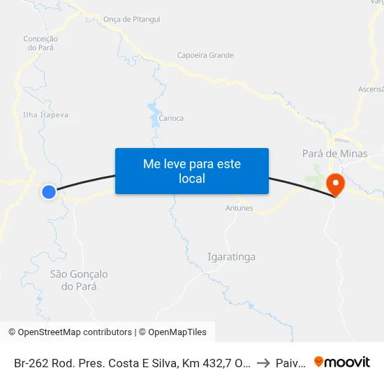 Br-262 Rod. Pres. Costa E Silva, Km 432,7 Oeste to Paivas map