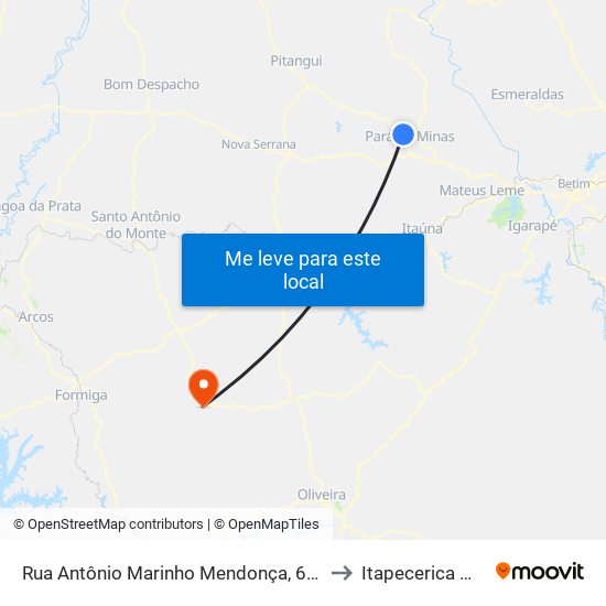 Rua Antônio Marinho Mendonça, 615 to Itapecerica MG map