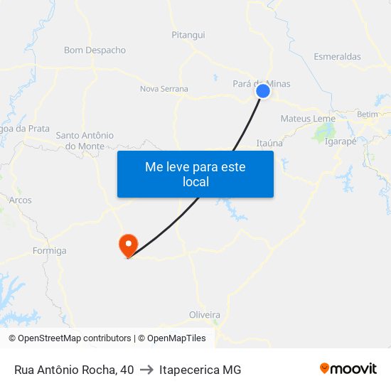 Rua Antônio Rocha, 40 to Itapecerica MG map