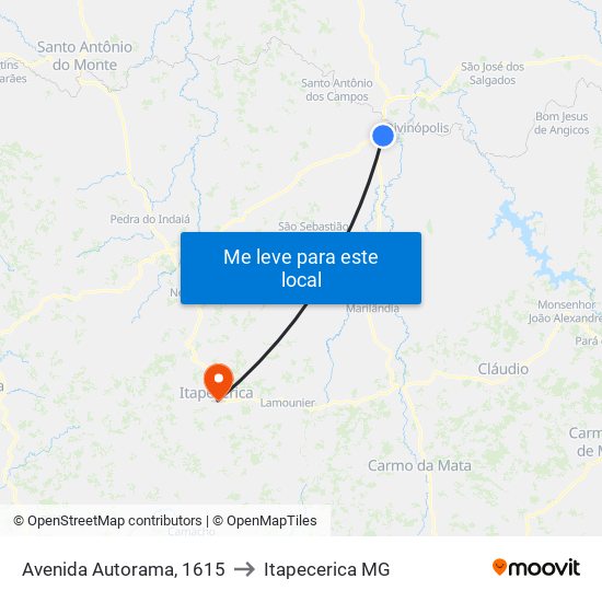 Avenida Autorama, 1615 to Itapecerica MG map