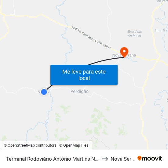 Terminal Rodoviário Antônio Martins Neto | Araújos to Nova Serrana map