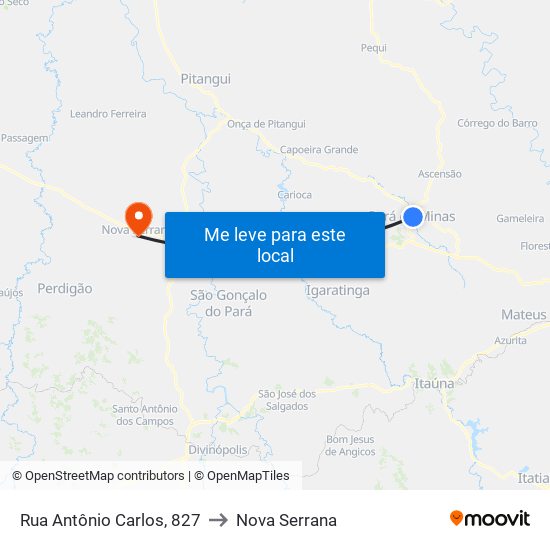 Rua Antônio Carlos, 827 to Nova Serrana map