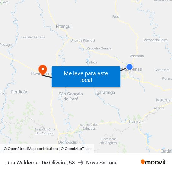 Rua Waldemar De Oliveira, 58 to Nova Serrana map