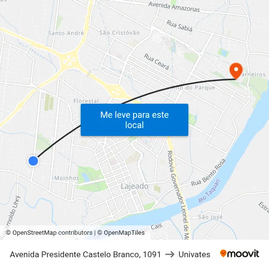 Avenida Presidente Castelo Branco, 1091 to Univates map