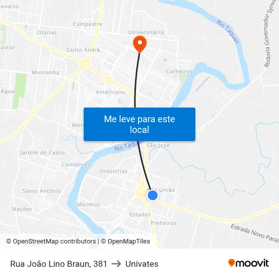 Rua João Lino Braun, 381 to Univates map