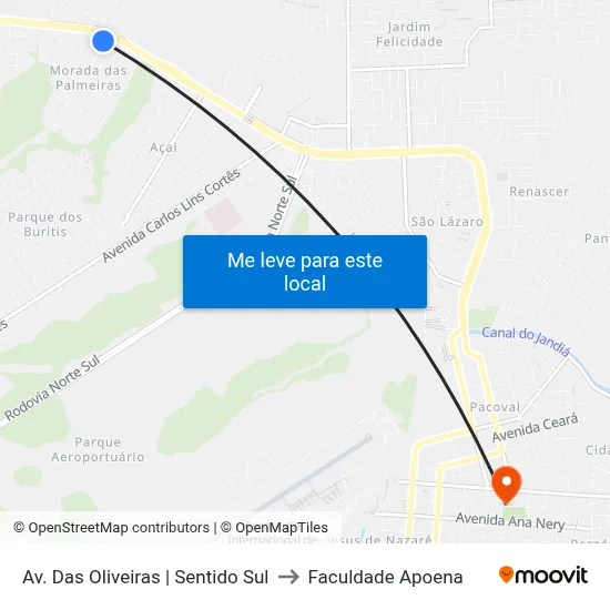 Av. Das Oliveiras | Sentido Sul to Faculdade Apoena map