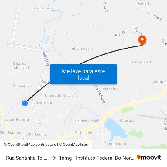 Rua Santinha Tolentino, 588 to Ifnmg - Instituto Federal Do Norte De Minas Gerais map
