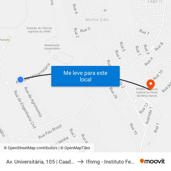 Av. Universitária, 105 | Caad - Instituto De Ciências Agrárias Da Ufmg to Ifnmg - Instituto Federal Do Norte De Minas Gerais map