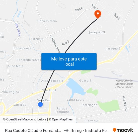 Rua Cadete Cláudio Fernandes, 300 | E.S.F. Vera Cruz (Posto De Saúde) to Ifnmg - Instituto Federal Do Norte De Minas Gerais map