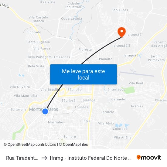Rua Tiradentes, 757 to Ifnmg - Instituto Federal Do Norte De Minas Gerais map