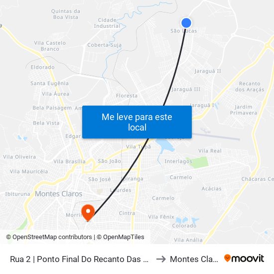 Rua 2 | Ponto Final Do Recanto Das Águas to Montes Claros map