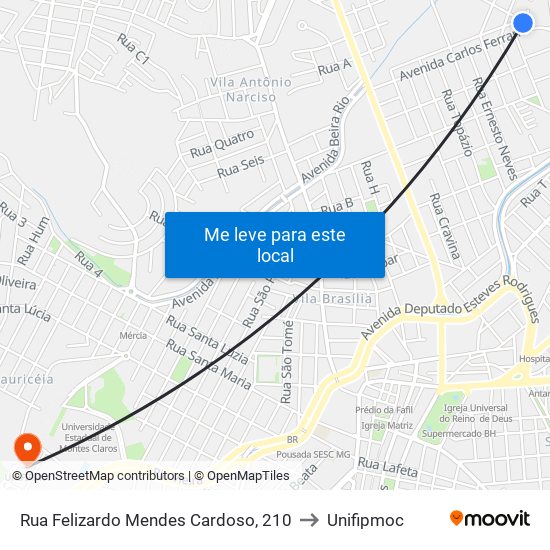 Rua Felizardo Mendes Cardoso, 210 to Unifipmoc map