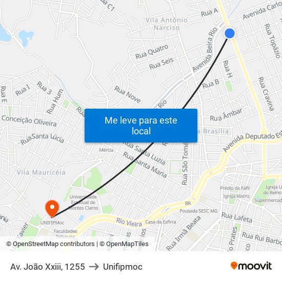 Av. João Xxiii, 1255 to Unifipmoc map