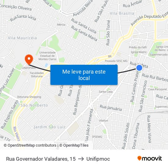 Rua Governador Valadares, 15 to Unifipmoc map