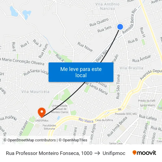 Rua Professor Monteiro Fonseca, 1000 to Unifipmoc map