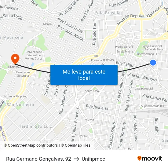 Rua Germano Gonçalves, 92 to Unifipmoc map