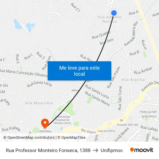 Rua Professor Monteiro Fonseca, 1388 to Unifipmoc map