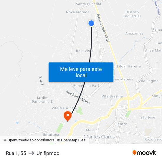 Rua 1, 55 to Unifipmoc map