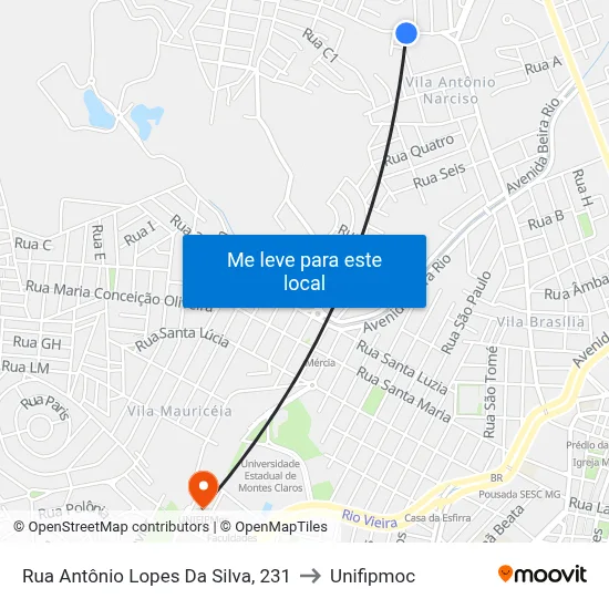 Rua Antônio Lopes Da Silva, 231 to Unifipmoc map