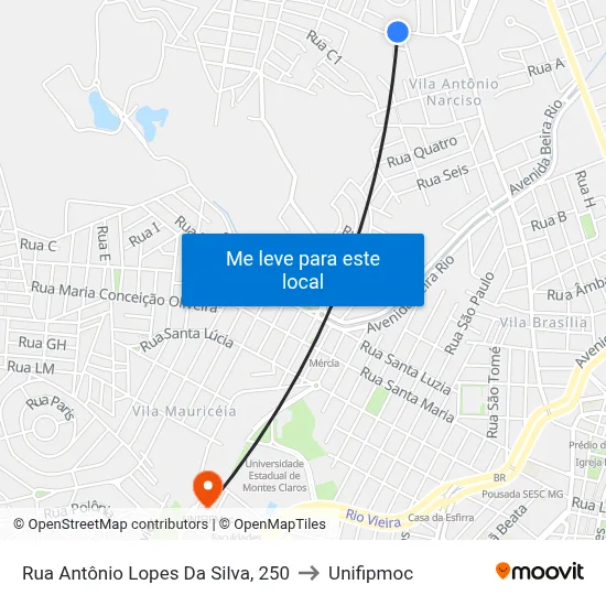 Rua Antônio Lopes Da Silva, 250 to Unifipmoc map