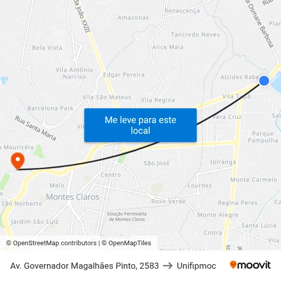 Av. Governador Magalhães Pinto, 2583 to Unifipmoc map