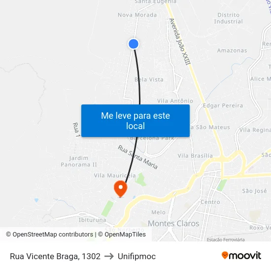 Rua Vicente Braga, 1302 to Unifipmoc map