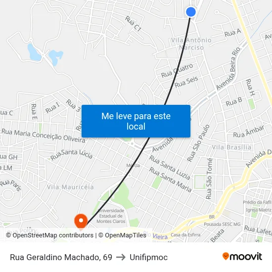 Rua Geraldino Machado, 69 to Unifipmoc map