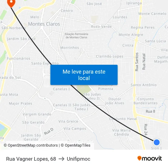 Rua Vagner Lopes, 68 to Unifipmoc map