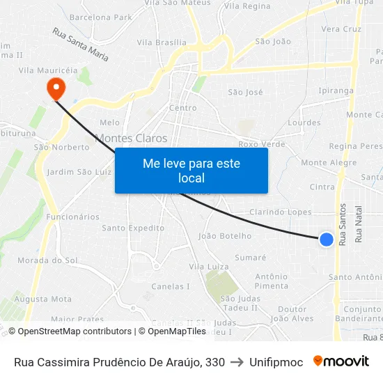 Rua Cassimira Prudêncio De Araújo, 330 to Unifipmoc map