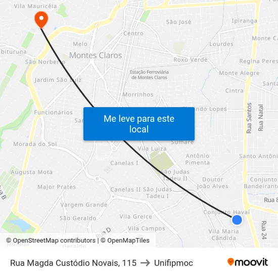 Rua Magda Custódio Novais, 115 to Unifipmoc map