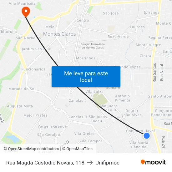 Rua Magda Custódio Novais, 118 to Unifipmoc map