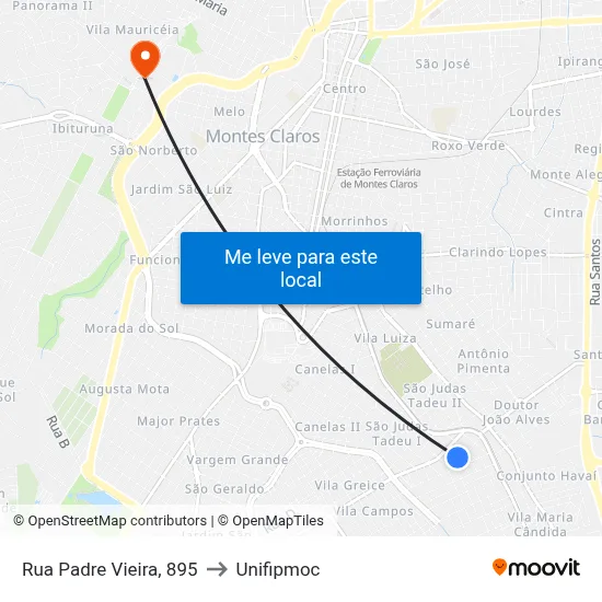 Rua Padre Vieira, 895 to Unifipmoc map