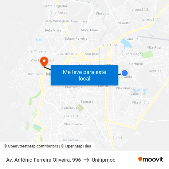 Av. Antônio Ferreira Oliveira, 996 to Unifipmoc map