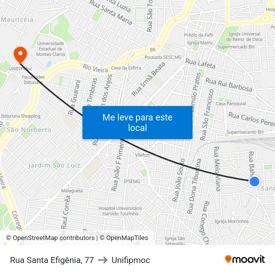 Rua Santa Efigênia, 77 to Unifipmoc map