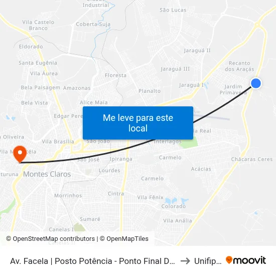 Av. Facela | Posto Potência - Ponto Final Do Jardim Primavera to Unifipmoc map