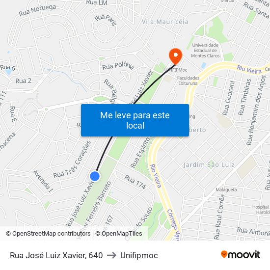 Rua José Luiz Xavier, 640 to Unifipmoc map