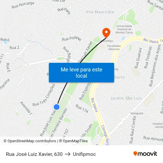 Rua José Luiz Xavier, 630 to Unifipmoc map