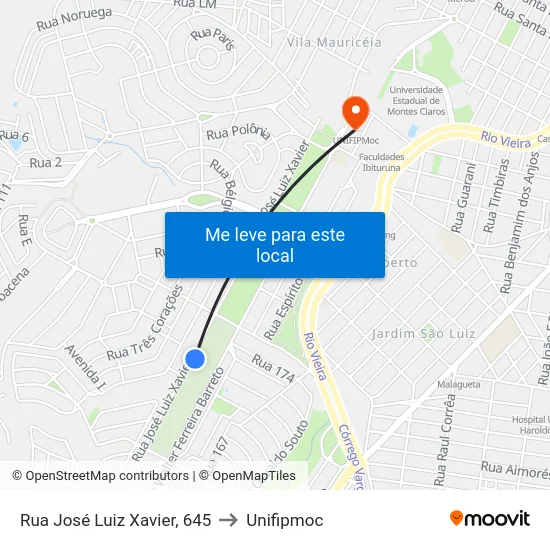 Rua José Luiz Xavier, 645 to Unifipmoc map