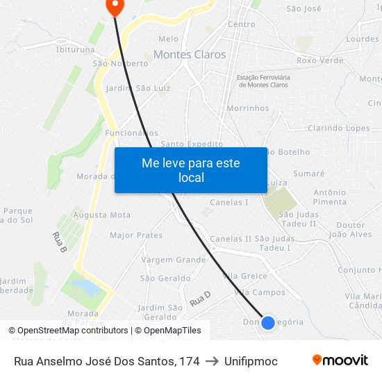 Rua Anselmo José Dos Santos, 174 to Unifipmoc map