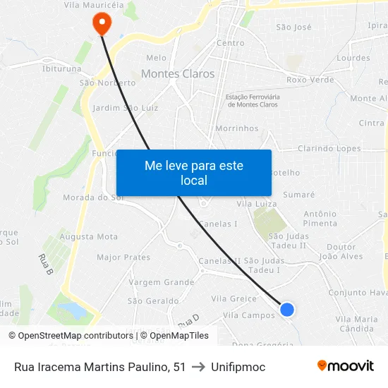 Rua Iracema Martins Paulino, 51 to Unifipmoc map