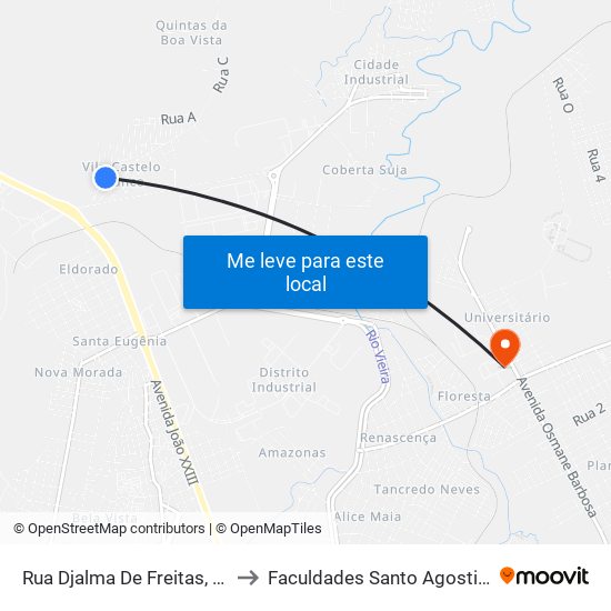 Rua Djalma De Freitas, 401 to Faculdades Santo Agostinho map