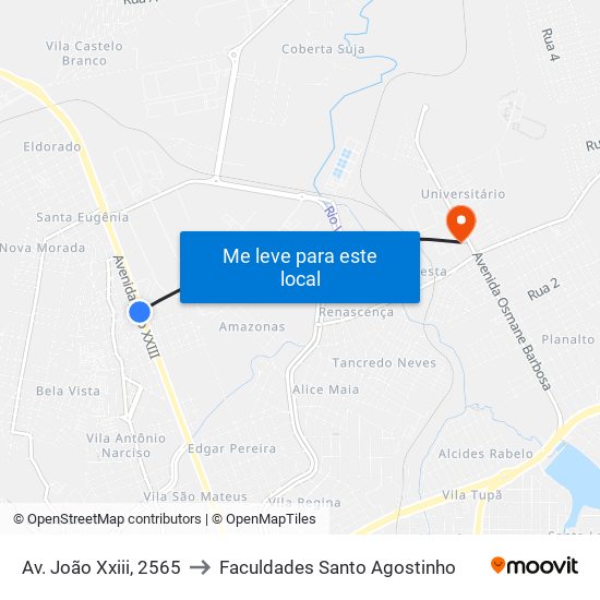 Av. João Xxiii, 2565 to Faculdades Santo Agostinho map