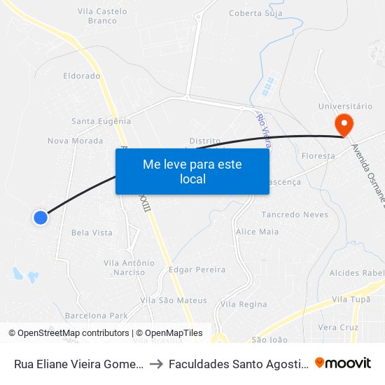 Rua Eliane Vieira Gomes, 9 to Faculdades Santo Agostinho map