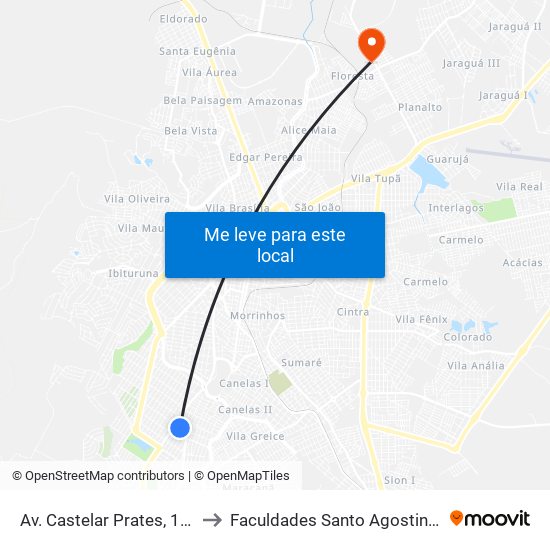 Av. Castelar Prates, 121 to Faculdades Santo Agostinho map