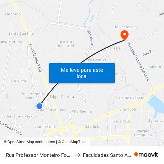Rua Professor Monteiro Fonseca, 1000 to Faculdades Santo Agostinho map