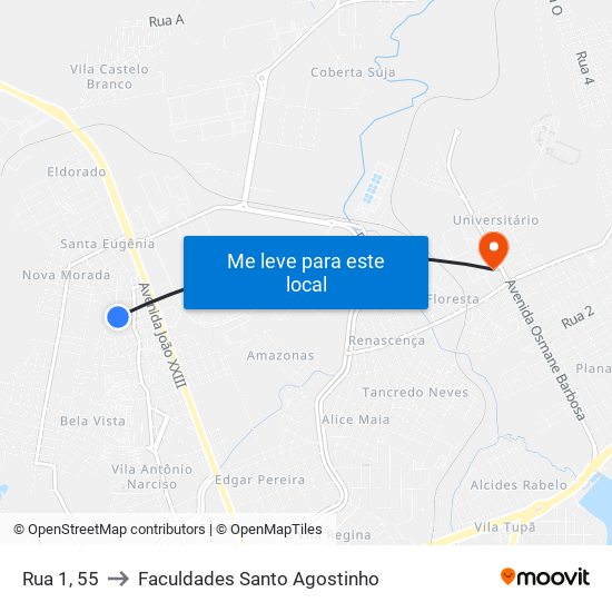 Rua 1, 55 to Faculdades Santo Agostinho map
