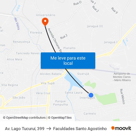 Av. Lago Tucuruí, 399 to Faculdades Santo Agostinho map