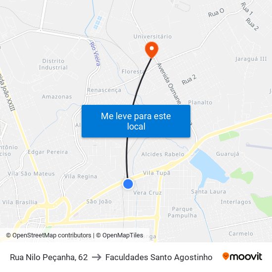 Rua Nilo Peçanha, 62 to Faculdades Santo Agostinho map